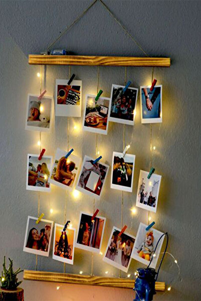 HCAatolye İpli Mandallı Işıklı Fotoğraf Askısı, Ledli Anı Duvarı, Ahşap Fotoğ...