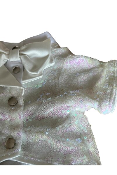 Bi Dolap Ponçik Shiny Smokin Yumuşak Dokulu Pullu Abiye Kumaş Beyaz Saten Papyonlu Kedi Köpek Kıyafeti & Gömleği