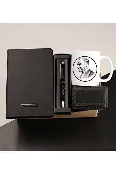 gagga Atatürk Baskılı Kupa & Defter & Kişiye Özel Atatürk Temalı Kalem & Mekanizmalı Cüzdan Hediye Seti