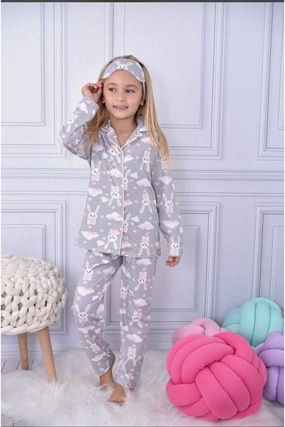 ervasarekids Σετ πιτζάμες για κορίτσια με κουμπιά σε γκρι κουνέλι (με δώρο με μπάλωμα στο μάτι)