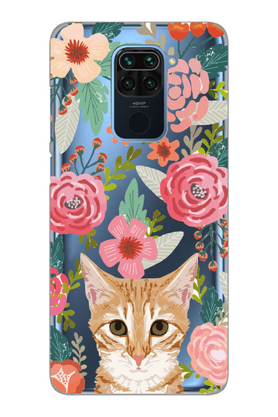 Magic Ring Xiaomi Redmi Note 9 Uyumlu Kedi ve Çiçek Desenli Şeffaf Telefon Kı...