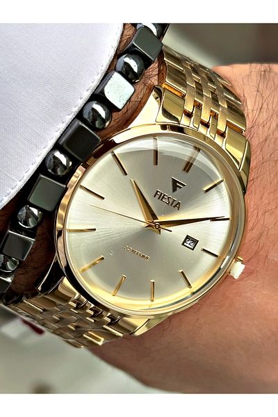 Fiesta Gold Color Curved Sapphire Glass Luxury Steel Men's Wrist Watch + BRACELET WITH GIFT