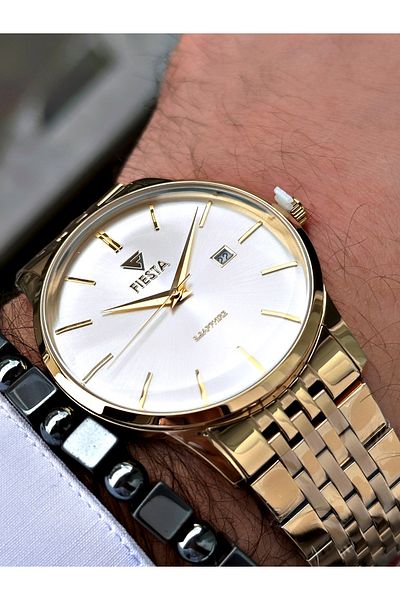 Fiesta Gold Color Curved Sapphire Glass Luxury Steel Men's Wrist Watch + BRACELET WITH GIFT
