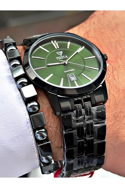 Fiesta Black Color Classic Plain Steel Sapphire Glass Luxury Steel Business Men's Wrist Watch + BRACELET GIFT