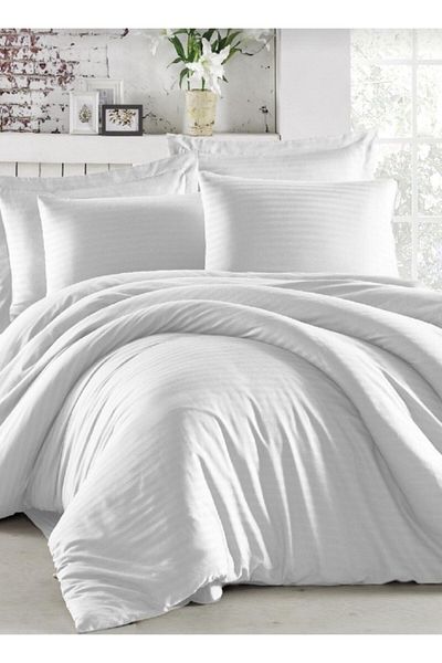Deneme Zamanı White Satin Duvet Cover Set, Double Hotel and Home Type, 2 Pillow Cases and Sheets, Elastic Free