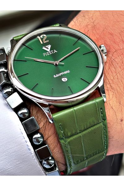 Fiesta Green Color Strap Model Sapphire Glass Steel Case Leather Cord Men's Wrist Watch + BRACELET GIFT
