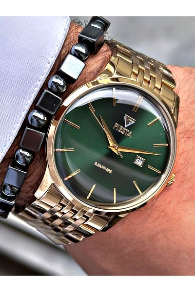 Fiesta Gold Color Curved Sapphire Glass Luxury Steel Men's Wrist Watch + BRACELET WITH GIFT