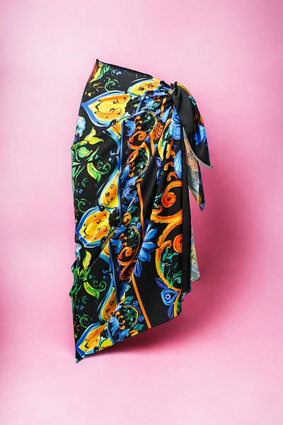 pistore Black and Yellow Motif Anatolian Patterned Long Pareo Satin Women's Beach Dress New Season