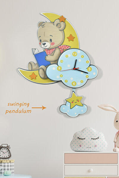 elfidadesign Sevimli Ay Ve Ayıcık Çocuk Odası Ahşap Duvar Saati