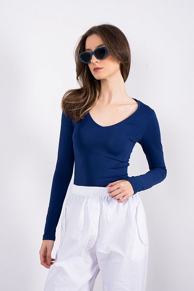 SHEISMONO Μπλούζα Soft Touch V-Neck Navy Blue