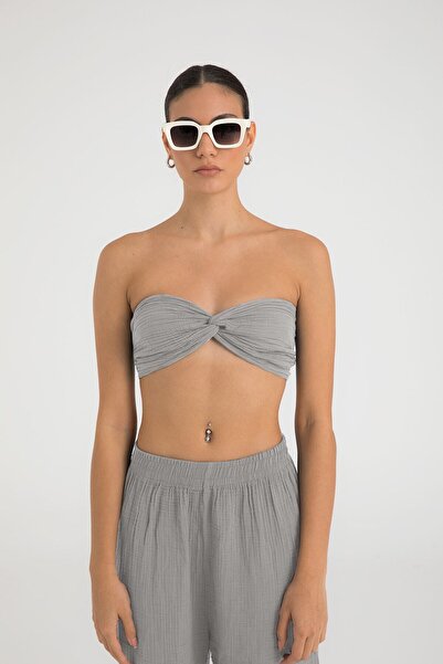 SHEISMONO Crop top cu noduri din muselină, gri