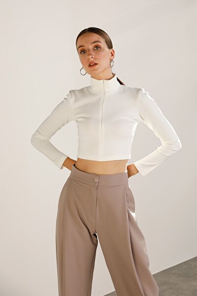 SHEISMONO Crop Top cu nervuri, cu fermoar, detaliat, Ecru