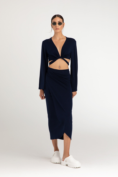 SHEISMONO تنورة ملفوفة فائقة النعومة باللون الأزرق الداكن