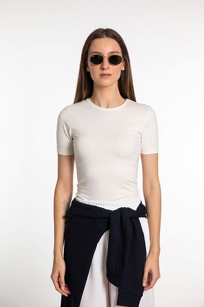 SHEISMONO Cotton Round Neck Short Sleeve Blouse Ecru