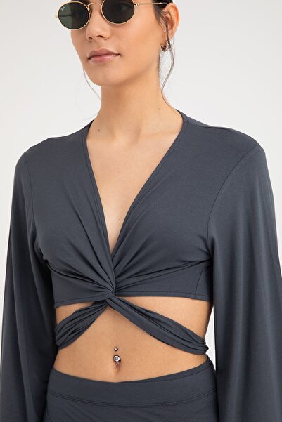 SHEISMONO Ultra Soft Tie-Up Blouse Smoked