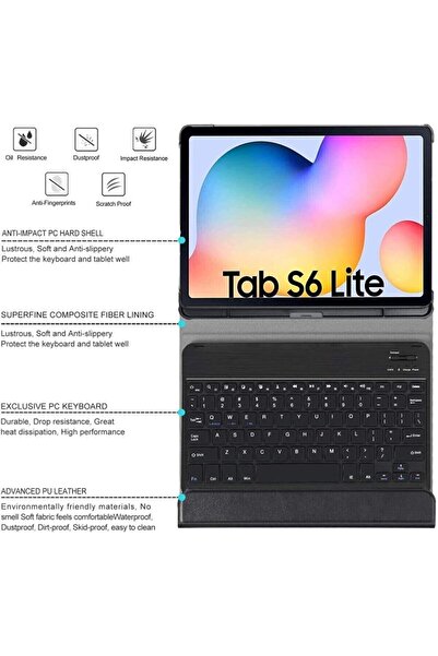 EHZ TEKNOLOJİ Samsung Galaxy Tab S6 Lite Uyumlu Siyah Deri Kapaklı Klavyeli Kılıf