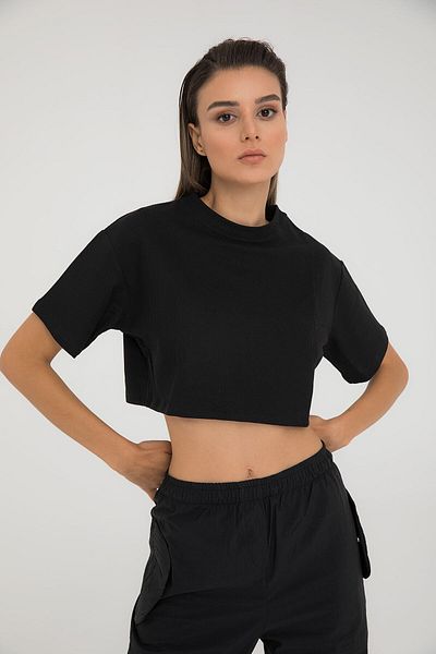 SHEISMONO Tricou negru cu mânecă scurtă cu textura crop