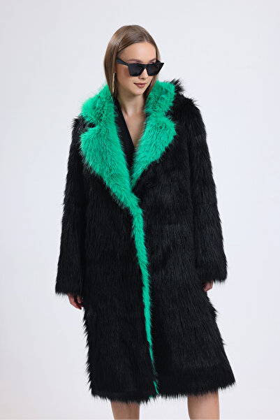 KürkZone KADIN YEŞİL İNGİLİZ YAKA SİYAH KÜRK MANTO