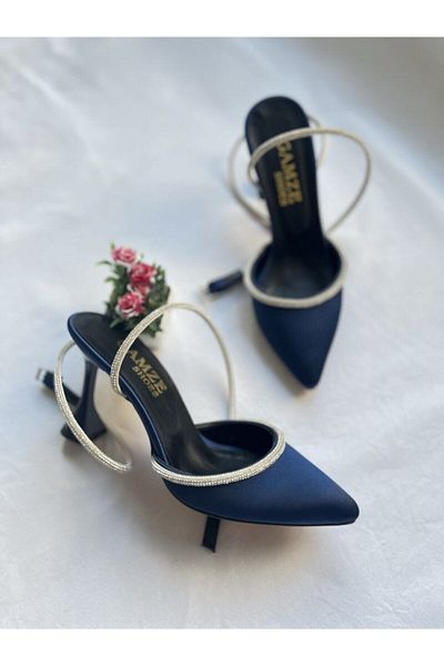 Gamze Shoes Navy Blue Color Satin Ankle Tie