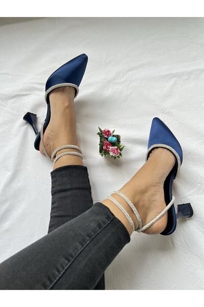 Gamze Shoes Navy Blue Color Satin Ankle Tie