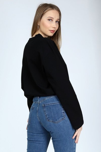 BASICA Clasy Women's Fabric Black Long Sleeve Crew Neck Basic Oversize Tshirt
