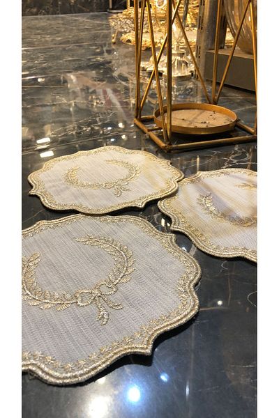 Bonny Home Arma Cream Gold - Σετ 6 λινό λινό καφέ παρουσίασης πάρτι χαρτοπετσέτες, κεντήματα