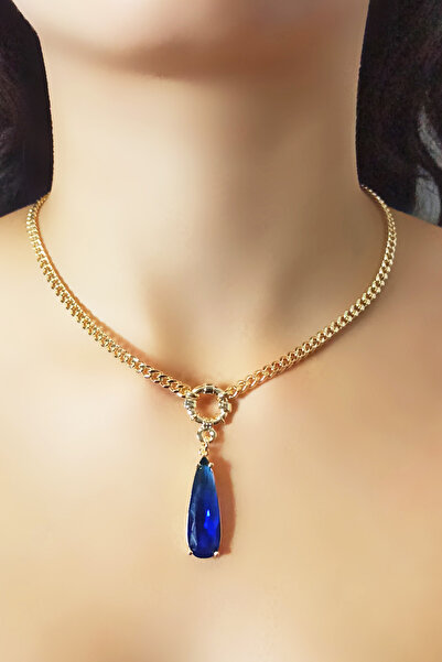 Luxe Loom Zarafetin Işıltısı Kadın Gold Özel Kesim Mavi Su Damlası Kolye