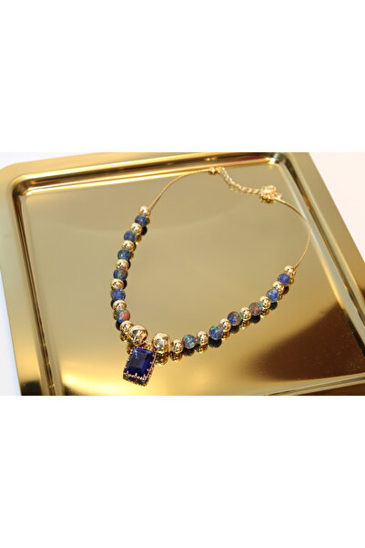 HOSBUTIK gold mavi kristal taşlı kolye