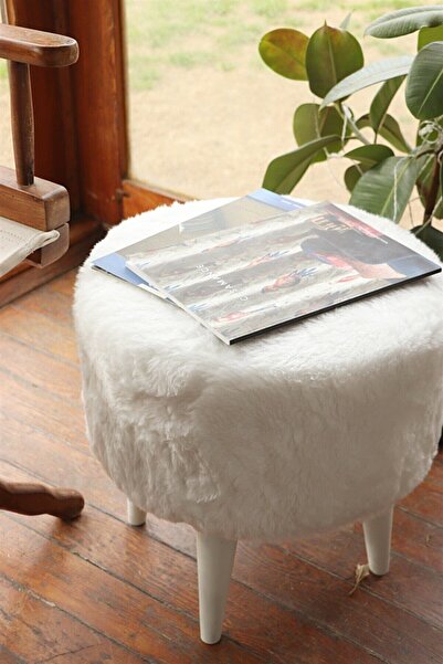 Dekortif Yuvarlak Beyaz Peluş Puf Beyaz Ayaklı Kmpny050607