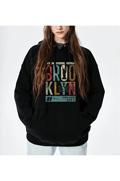 Le Savu بغطاء رأس بروكلين مطبوع سويت شيرت أسود اللون قصة فضفاضة