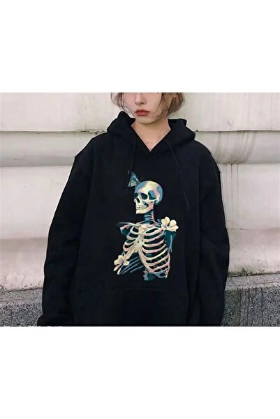 Le Savu cu glugă Skull & Butterfly cu imprimeu supradimensionat Culoare neagr...