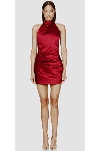 hilaltrendd Halter yaka mini asetat saten elbise