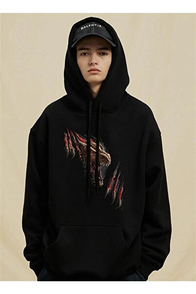 Le Savu قصة فضفاضة سويت شيرت بريداتور دراجون مطبوع باللون الأسود بغطاء رأس