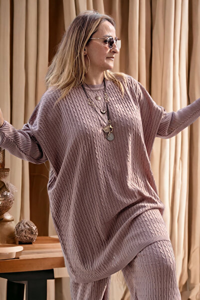 yagmurberen Extra Large Size Hair Braid Pattern Lower Upper Knitwear Set Compatible with Size 58