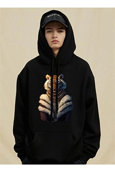 Le Savu Fur Tiger cu imprimeu Culoare neagră cu glugă supradimensionat Swea t...