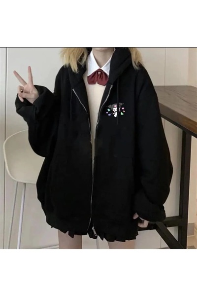 Le Savu بغطاء رأس كورومي مطبوع قصة فضفاضة سترة رياضية باللون الأسود مع سحاب