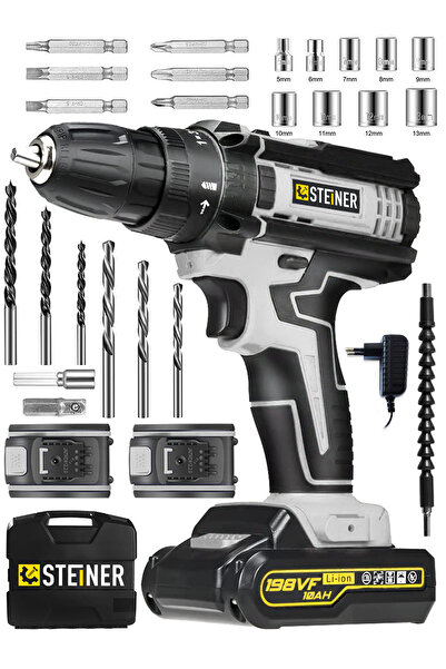 STEİNER Alman 198 Vf 10 Ah Darbeli Metal Dişli Şanzıman Çift Akülü Şarjlı Vidalama Matkap 24 Parça Uç Setli