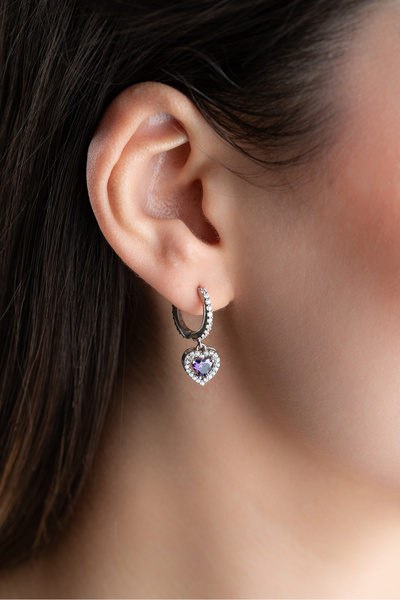 ESSARE 925 Ayar Gümüş Rodyum Kaplama Kalp Model Mor Taşlı Küpe