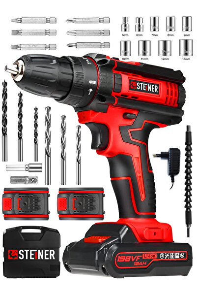 STEİNER Alman 198 Vf 10 Ah Darbeli Metal Dişli Şanzıman Çift Akülü Şarjlı Vidalama Matkap 24 Parça Uç Setli