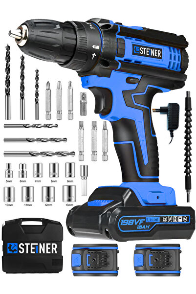STEİNER Alman 198 Vf 10 Ah Darbeli Metal Dişli Şanzıman Çift Akülü Şarjlı Vidalama Matkap 24 Parça Uç Setli