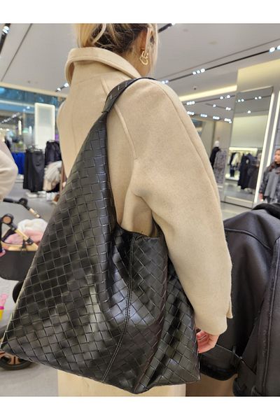 Mercan Stores Knitted Patterned Large Faux Leather Women's Oversized Shoulder Bag