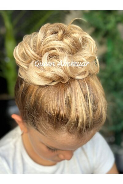 QUEEN AKSESUAR İthal lüks fiber lastikli postiş peruk hazır dağınık topuz saç tokası dore sarı 24/88