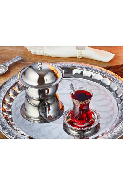 BİODATA 36cm Lüks 430 Paslanmaz Çelik Tepsi No:1 Yuvarlak Tepsi Çay Kahve Tep...