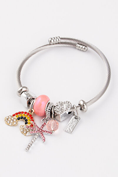 Sortie Aksesuar Gökkuşağı, Kalp ve Palmiye Figürlü Pembe Taşlı Boyu Ayarlanab...