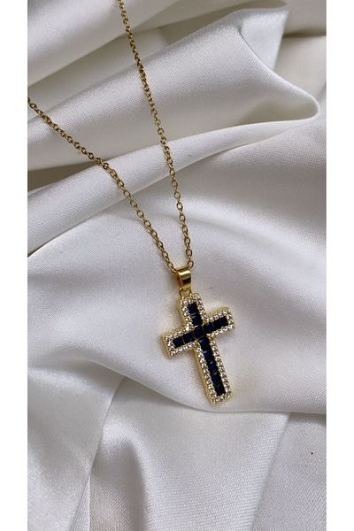 Accessories Colier din oțel auriu cu piatră și cruce bleumarin