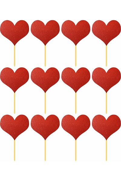 Atölye7Tasarım 12 Pieces Red Glitter Heart Cupcake Cake Top Decoration with Toothpick Thick Paper Valentine's Day