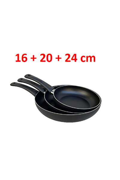 sobapark Teflon Tava Seti 16+20+24 Cm Mat Siyah Renk Teflon Tava Seti Yanmaz Yapışmaz 3'lü Teflon Tava Set