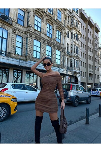 MY DEPO Kadın Tek Kol Astarlı Madonna Yaka Drapeli Mini Tül Elbise