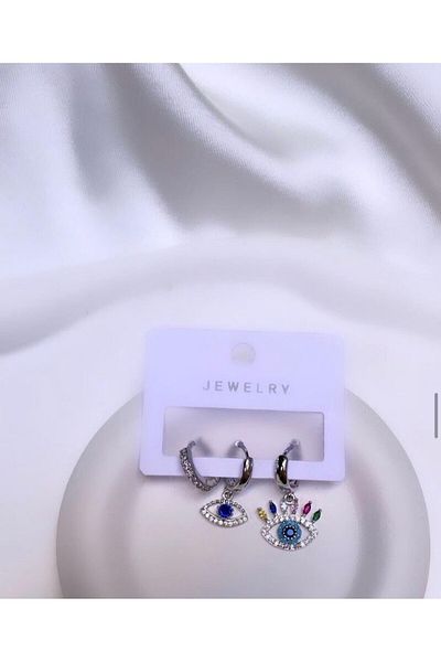 Accessories Set of 3 Eyed Silver Color Zircon Earrings
