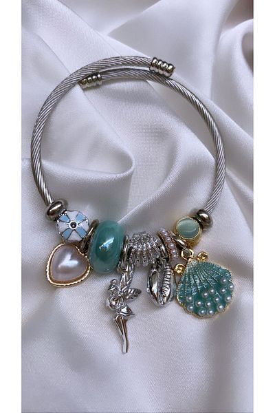 Accessories سوار فضي اللون أخضر بلح البحر